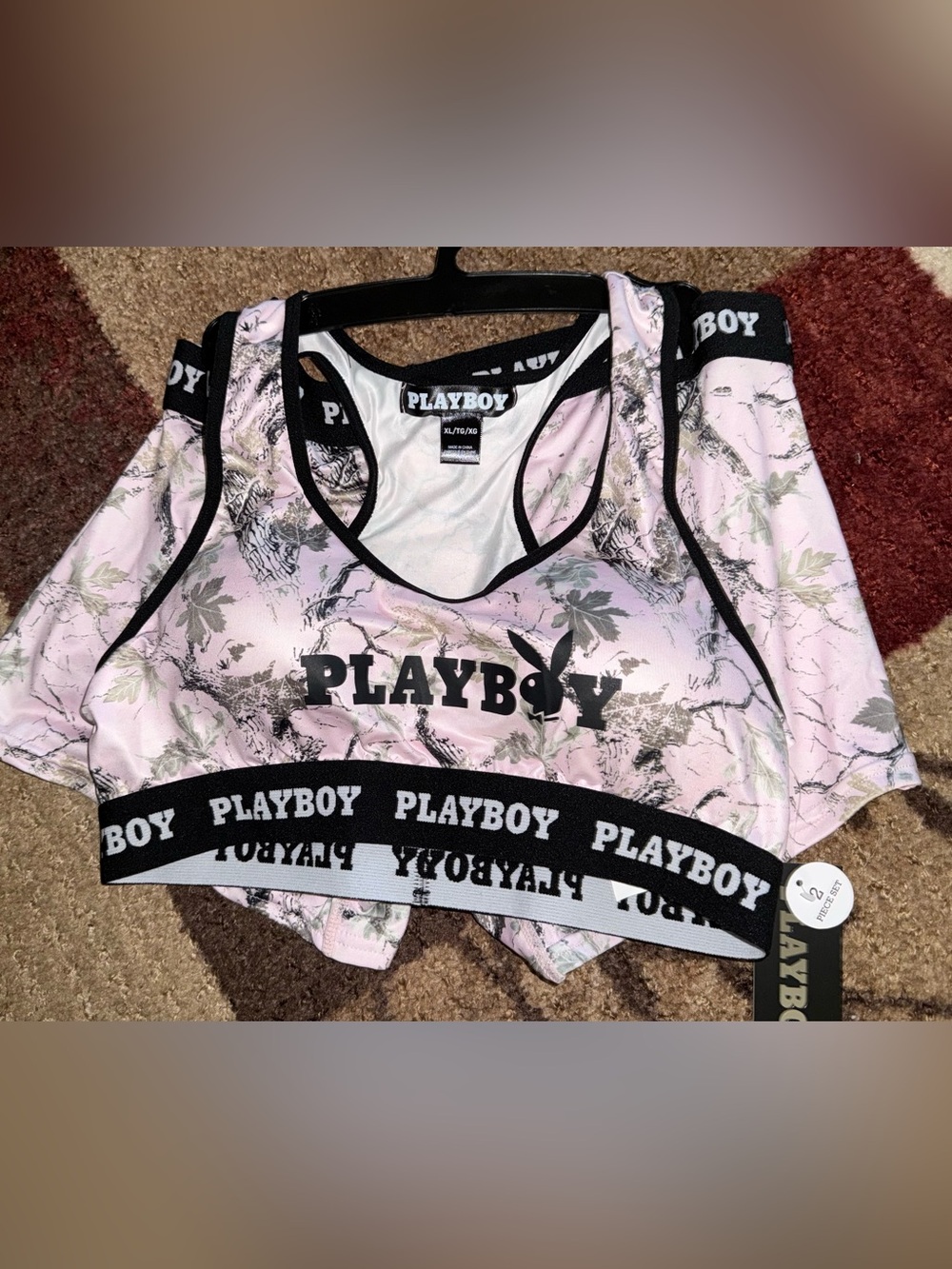 PLAYBOY Bunny Pink Camo Sports Bralette & Briefs 2 Piece Set- Size XL New
